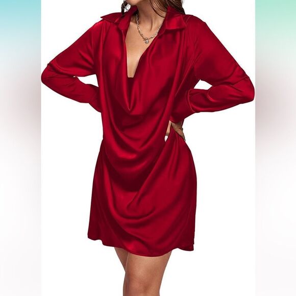 NEW Satin Collar V Neck Drape Flowy Long Sleeve Mini Dress M - Picture 1 of 5